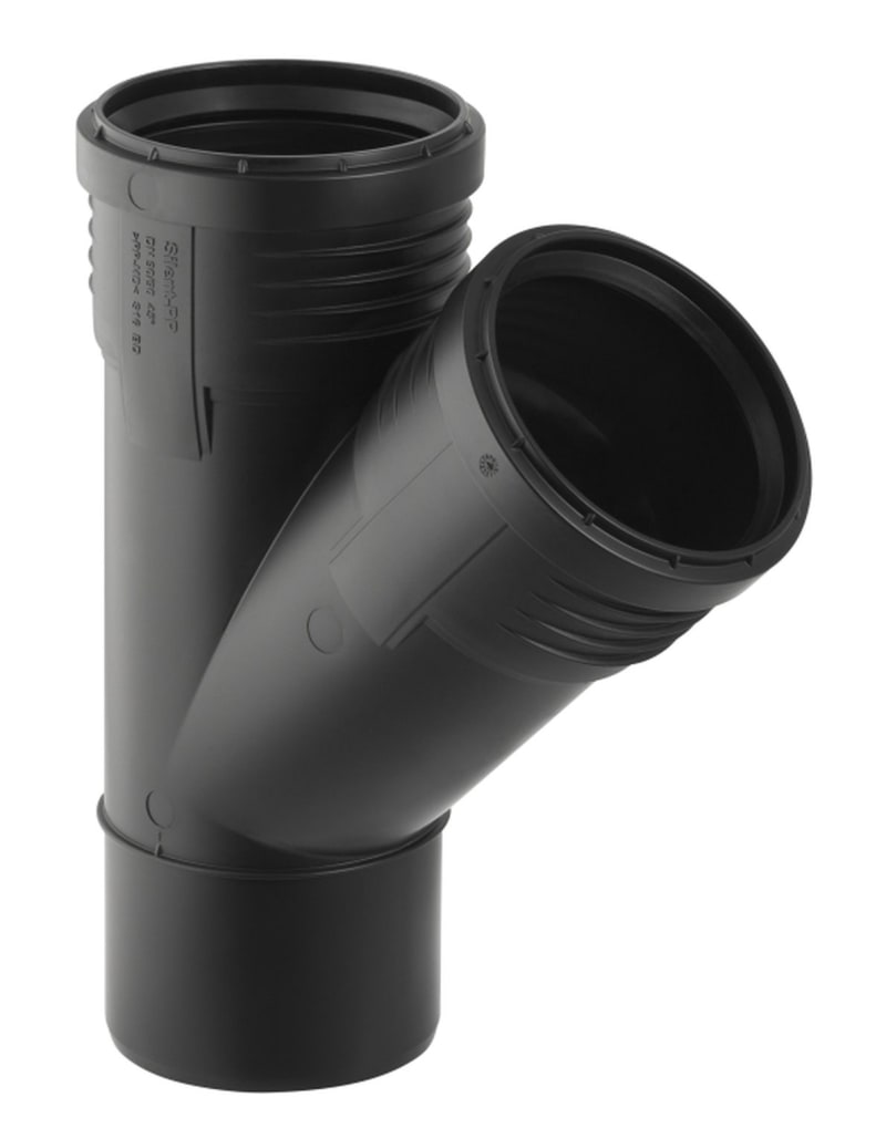 Geberit Grenrör Silent-PP 110mm 45° — svart plaströr framifrån, RSK 2710748