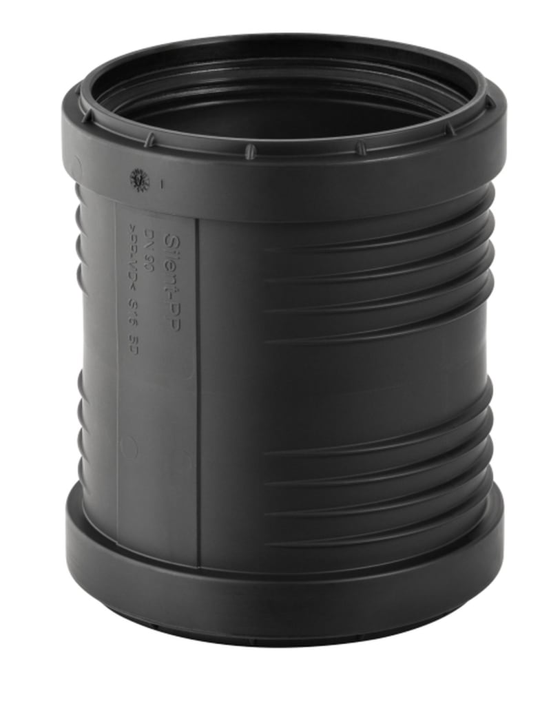 Geberit Dubbelmuff 110mm — framifrån med ljuddämpning i svart PP, RSK 2710660