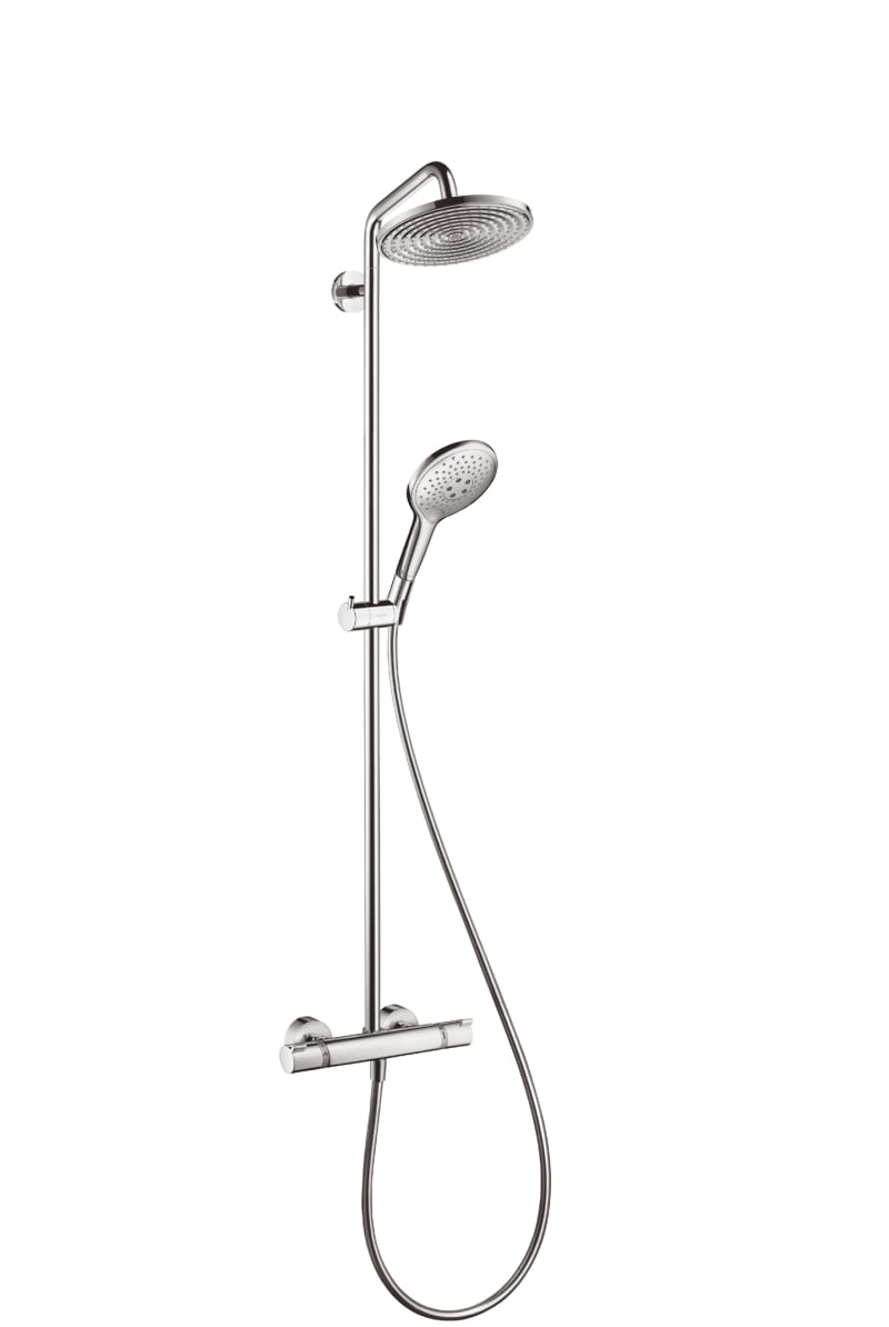 Hansgrohe Raindance takdusch — framifrån med termostatblandare krom