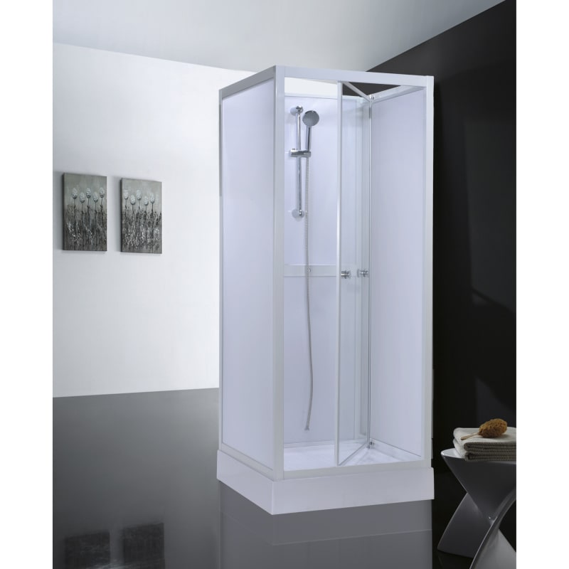 Alterna Basic Duschkabin 90 cm — framifrån med vit ram och frostad säkerhetsglas