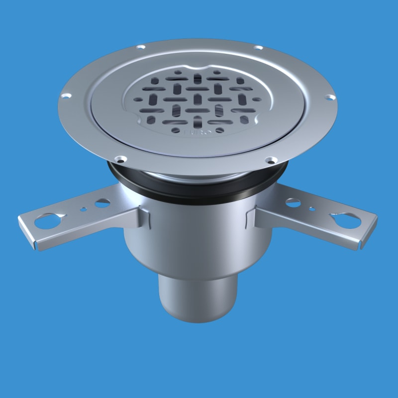 FURO golvbrunn DN75 — rostfritt stål med vattenlås och sil framifrån