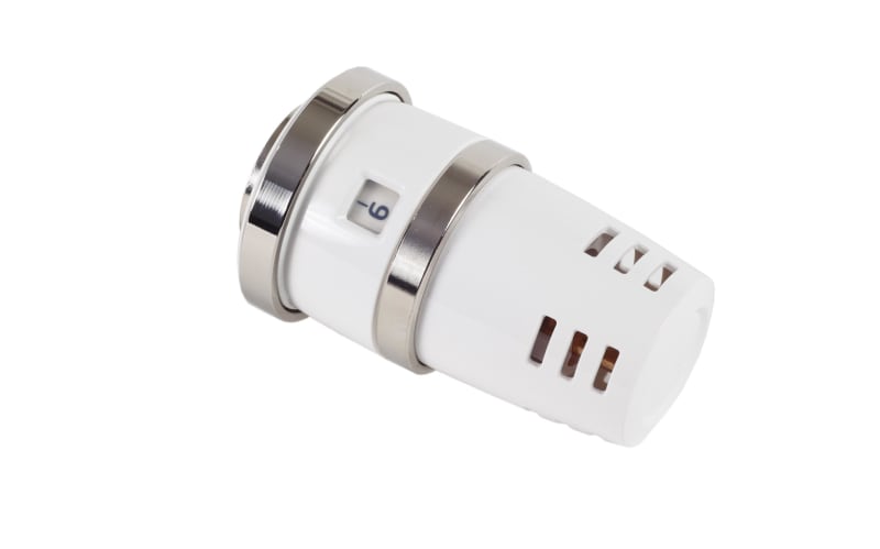 Purmo Evosense termostatdel — framifrån med vit förstärkningskåpa M28x1,5