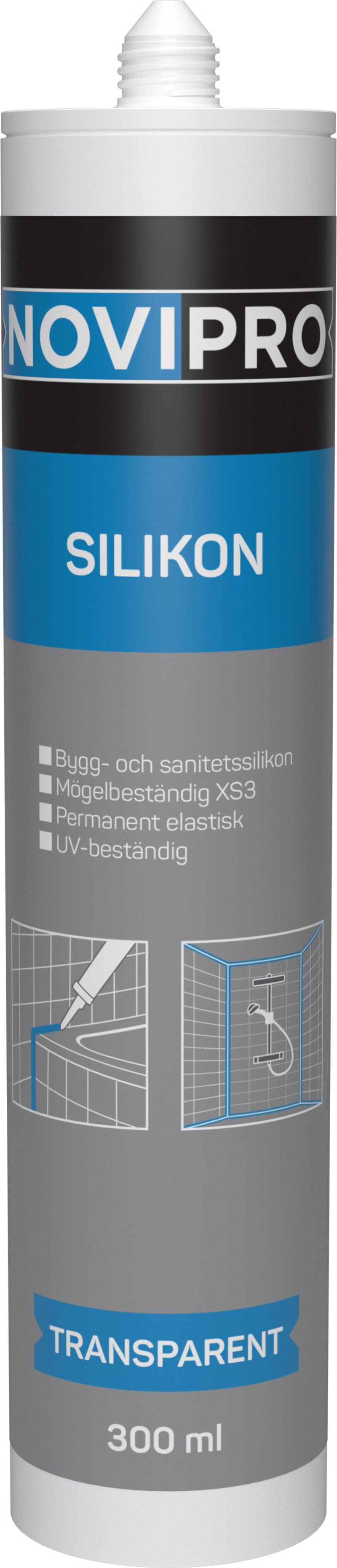 NOVIPRO Sanitetssilikon transparent 300ml — framifrån på produktförpackning