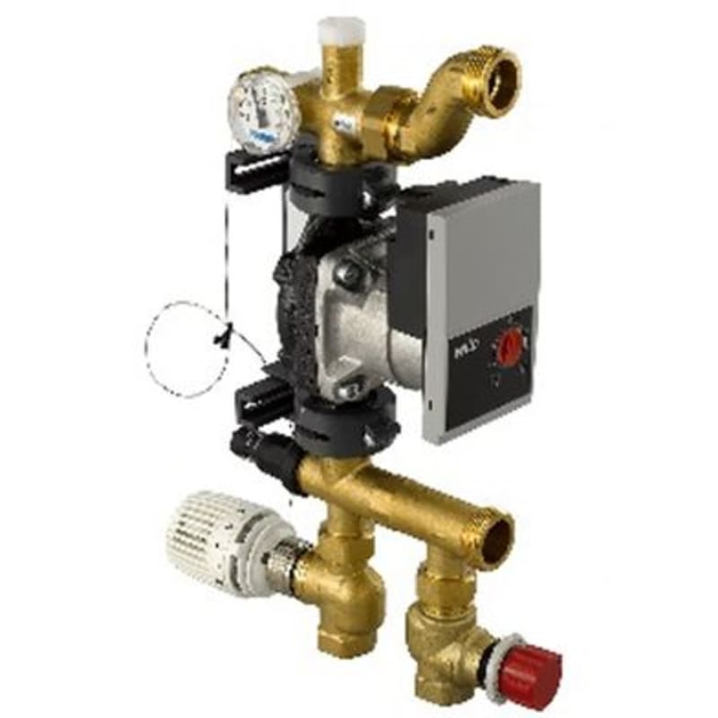 Uponor Shuntgrupp Fluvia T Push-23-B-W framifrån med pump och anslutningar, RSK 5363708