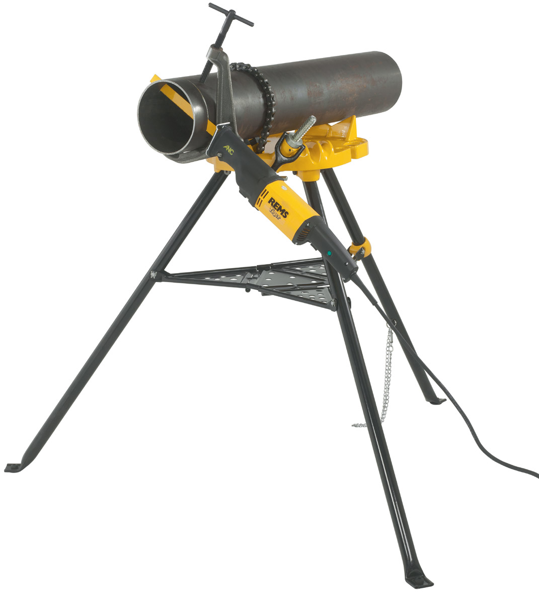 Rems 3B Rörskruvstycke för rör upp till 6" med kedja, 3-ben, gul/svart