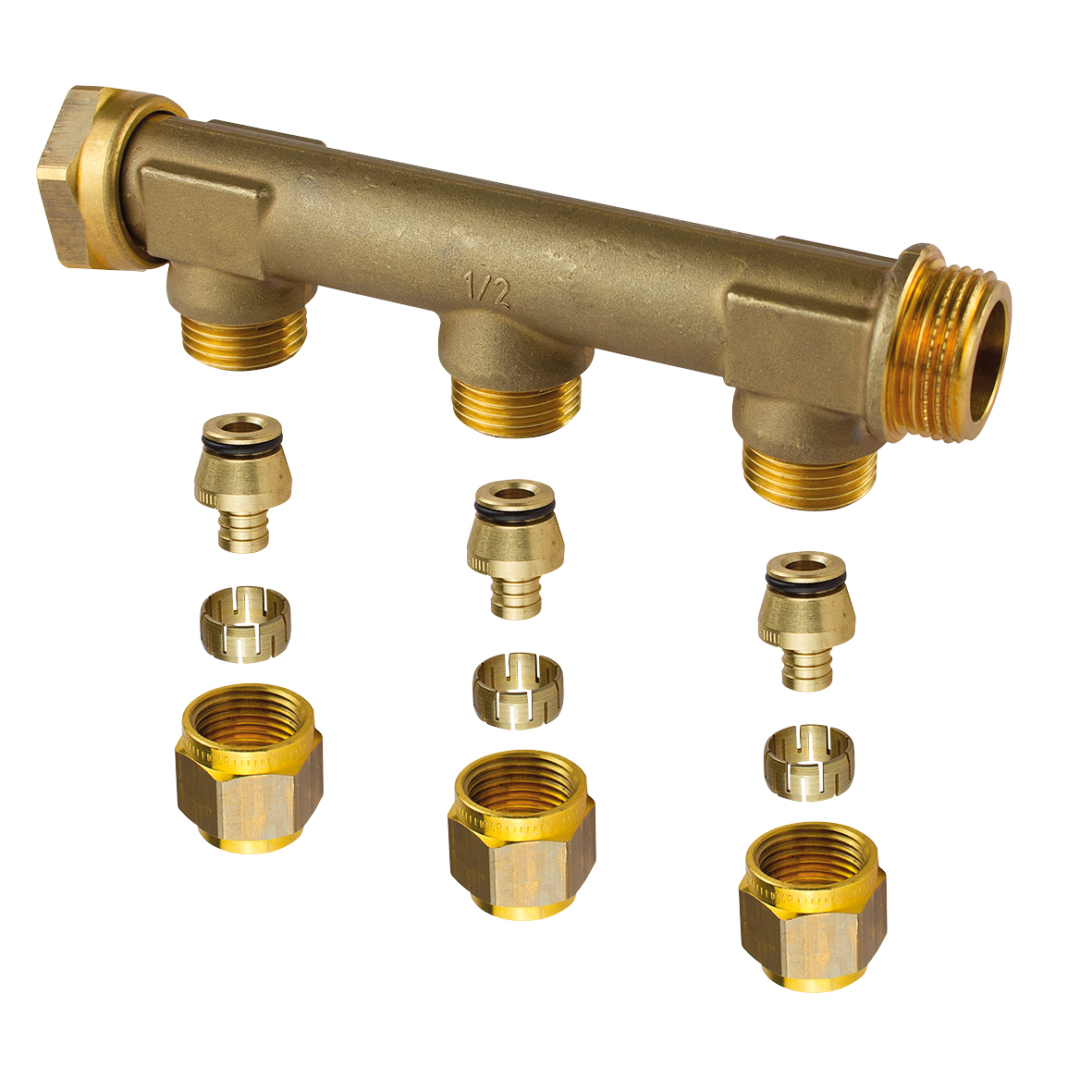 Uponor Aqua PLUS Fördelare 3-vägs ¾" Mässing - Utvändig Löpmutter, 3x15mm C/C50mm - RSK 1881332