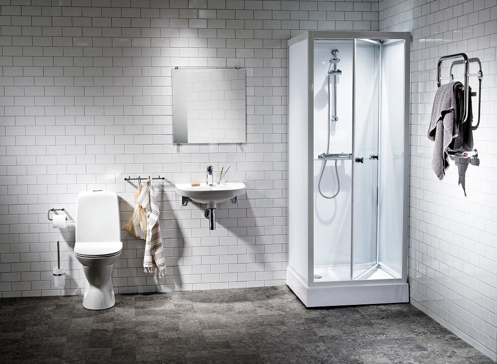 Alterna Basic Duschkabin 80 cm med Dörr - Vit/Frostad, 800x800x2050 mm