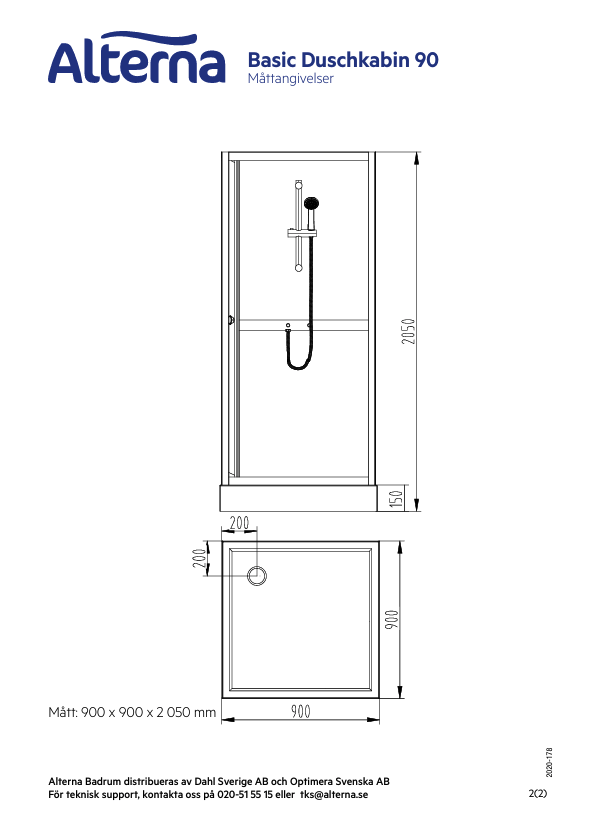 Alterna Basic Duschkabin 90 cm med dörr, vit/frostad, säkerhetsglas