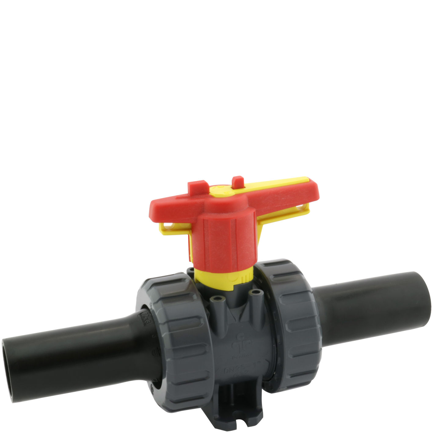 PVC-U-kulventil yd110mm EPDM, PE-krage lång, PN16, RAL7011/svart