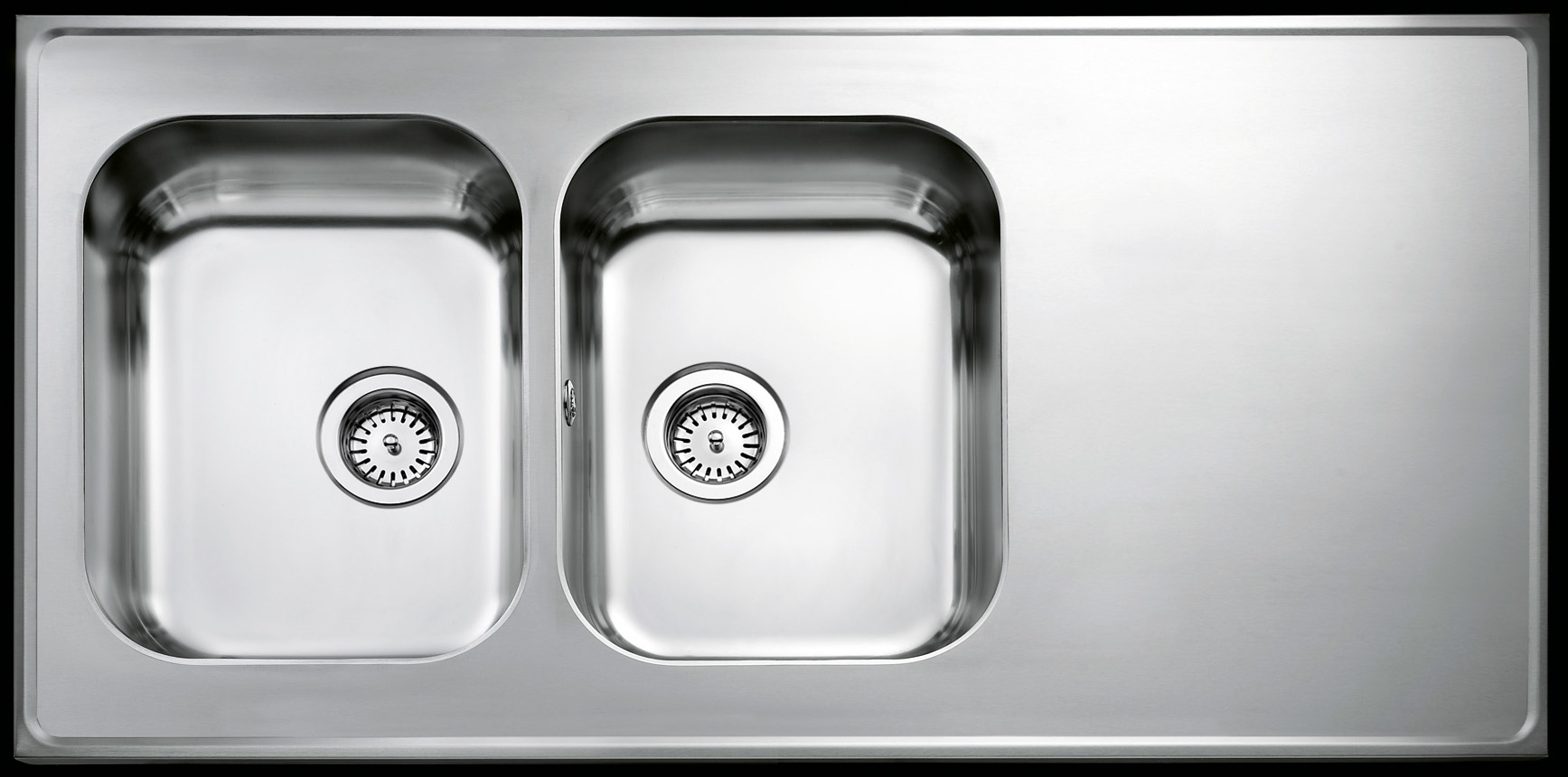 Vändbar diskbänk AH12-KV i rostfritt stål med dubbla lådor och avrinningsplan