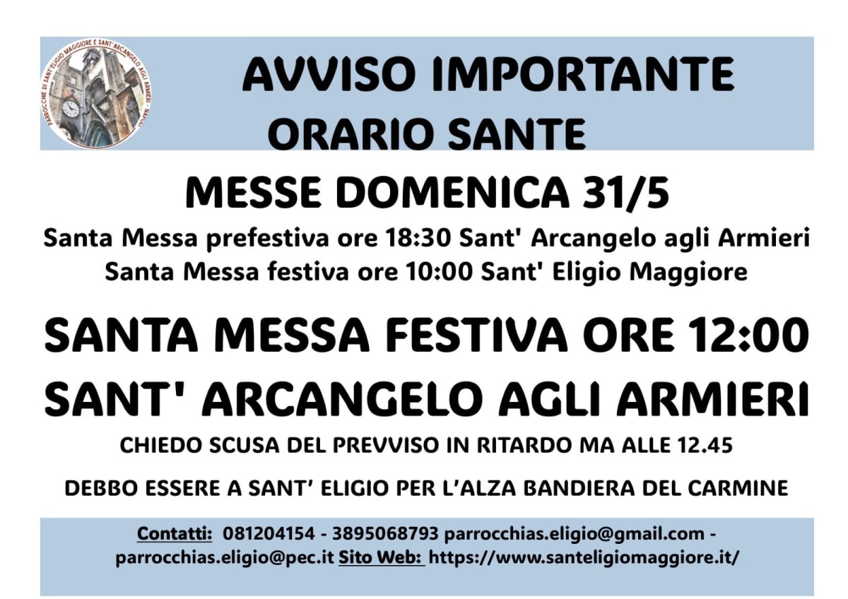 VARIAZIONE ORARI SANTE MESSE 31/05/2026