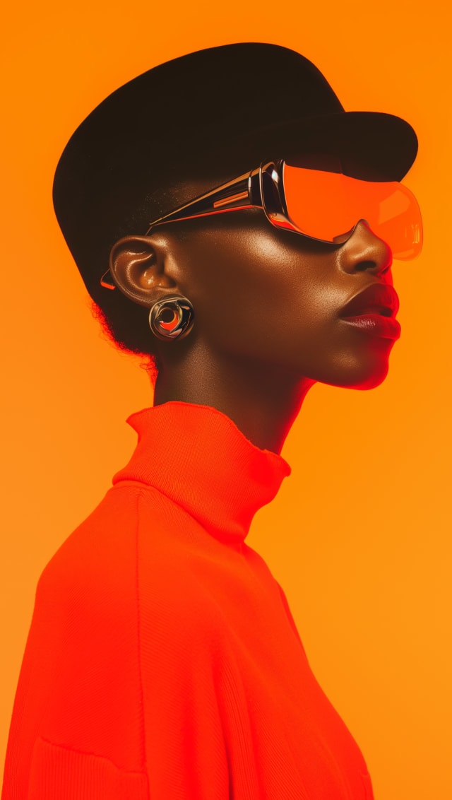 Profile portrait of a woman in a black cap, orange-tinted glasses and a red turtleneck on an orange background