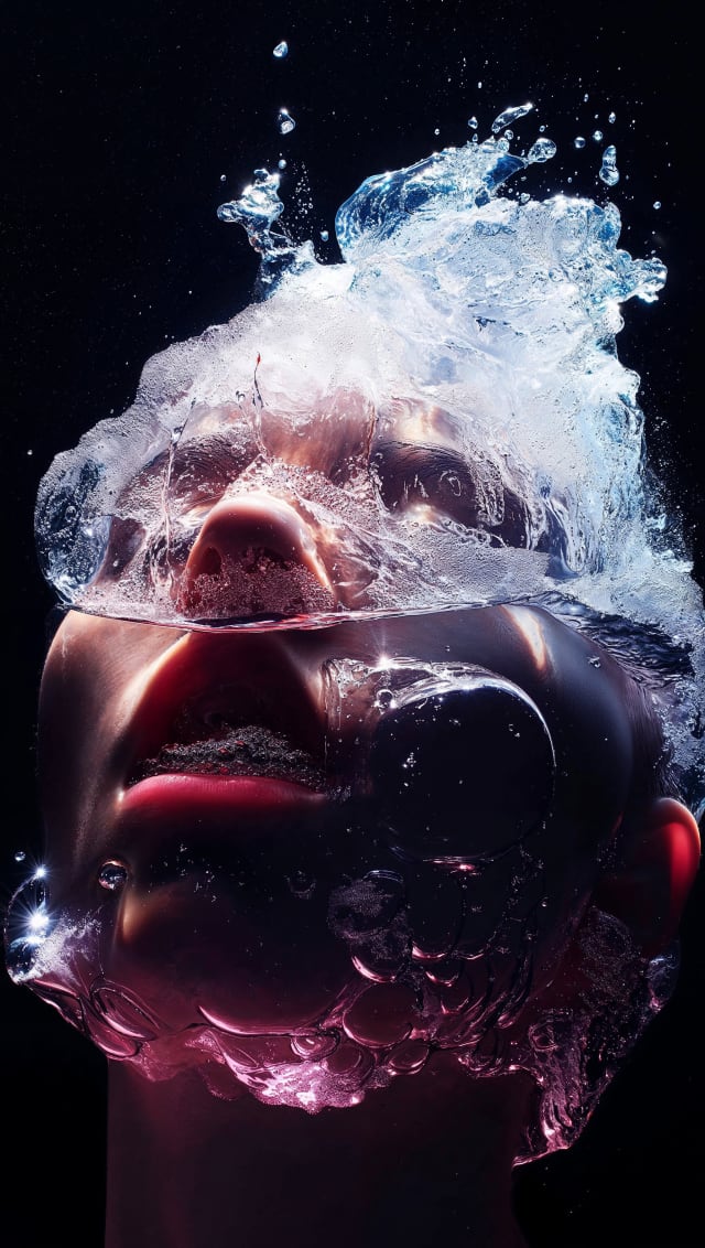 Dark portrait of a face encased in splashing water and bubbles