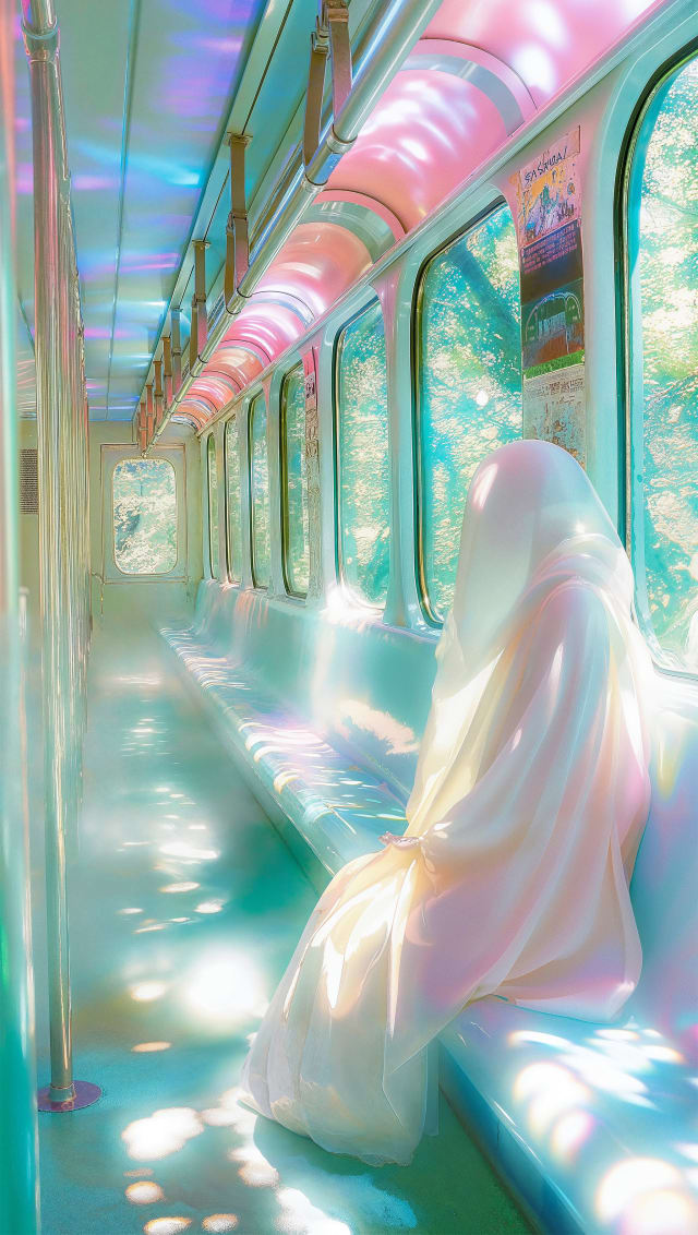 Pale iridescent figure sitting in a glowing turquoise train carriage