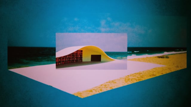 Pink platform with a yellow curved pavilion beside a teal sea, a graphic composition in a framed rectangle