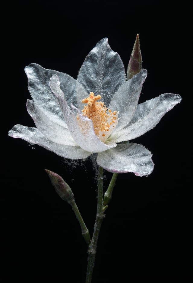 Silvery white flower with an orange centre against a black background