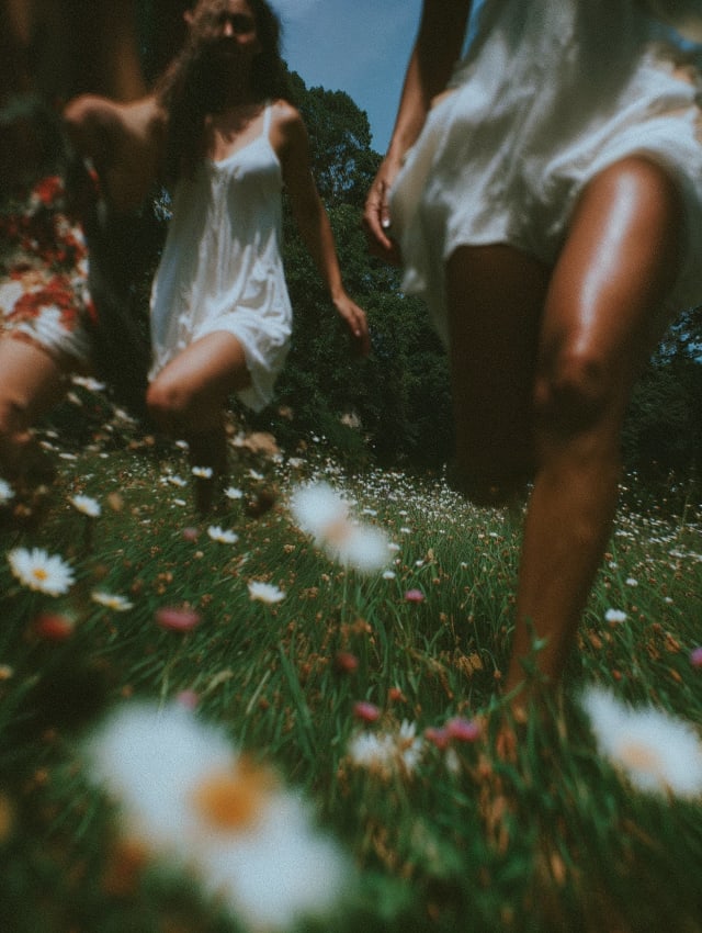 Women in white dresses running through a meadow of daisies, shot from a low angle