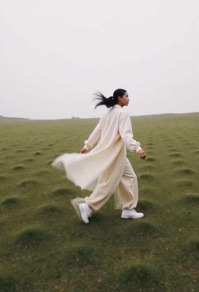 Person in flowing cream clothing walking across a foggy green field