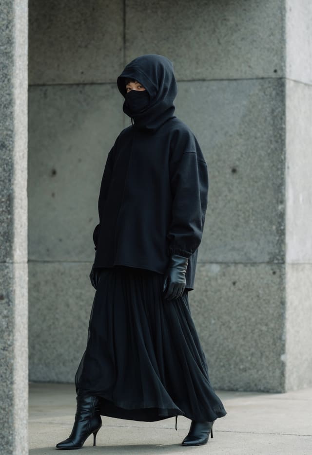 Person in a black hood, face mask and long black skirt standing against a concrete wall