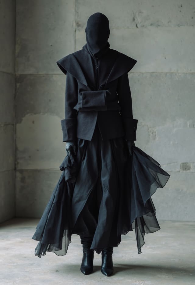 Person in layered black fashion with a covered face and a ruffled skirt, standing in a concrete room