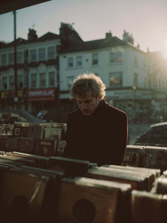 Man in a dark coat browsing vinyl records at a street market in London, low evening sun