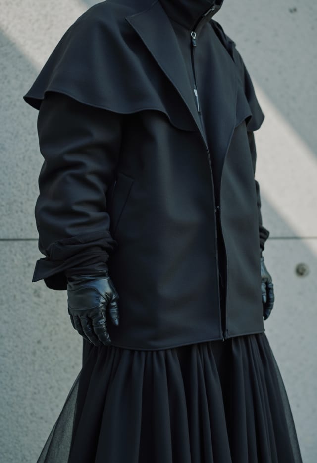 Person in an oversized black hooded jacket, gloves and pleated skirt against a pale wall