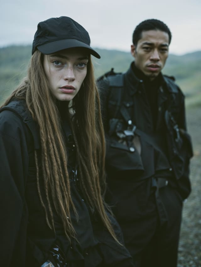 Two people in black technical clothing and caps, one with long hair, in front of green hills