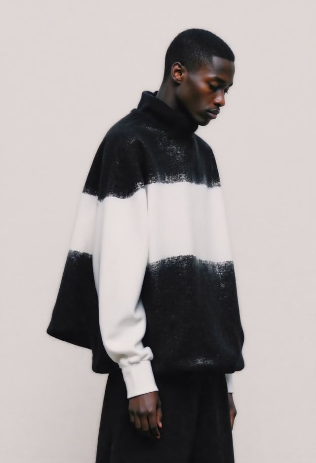 Man in a black and white tie-dye style sweater standing against a pale wall, head bowed