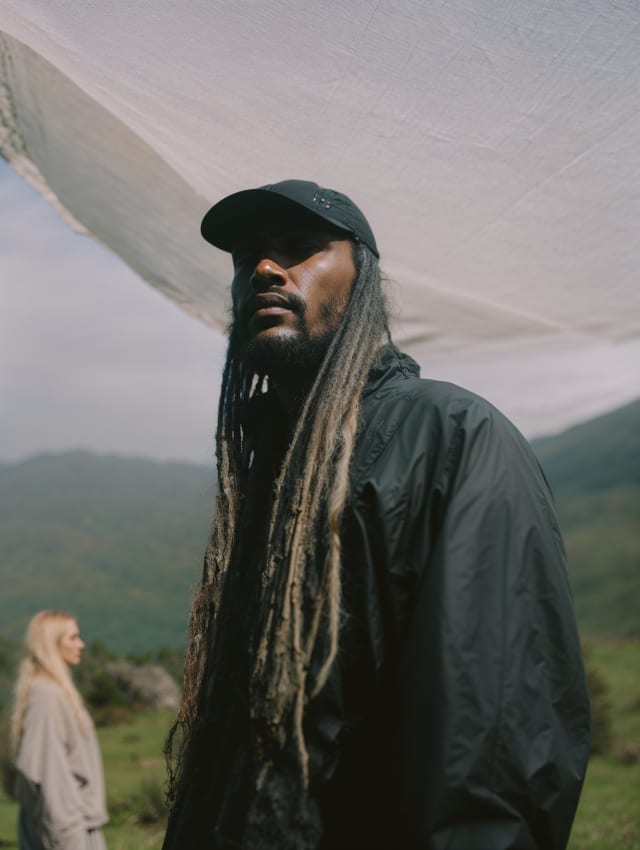 Man with long dreadlocks in a black jacket and cap under a tarp, hills and a second person behind