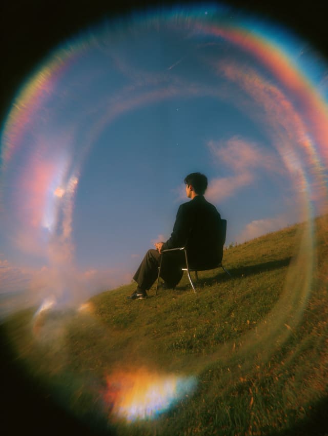 Person sitting on a grassy hill in a circular rainbow lens-flare frame