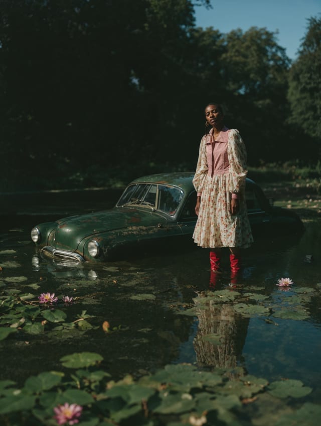 Woman in a patterned dress and red boots standing in a pond beside a vintage car, water lilies around her