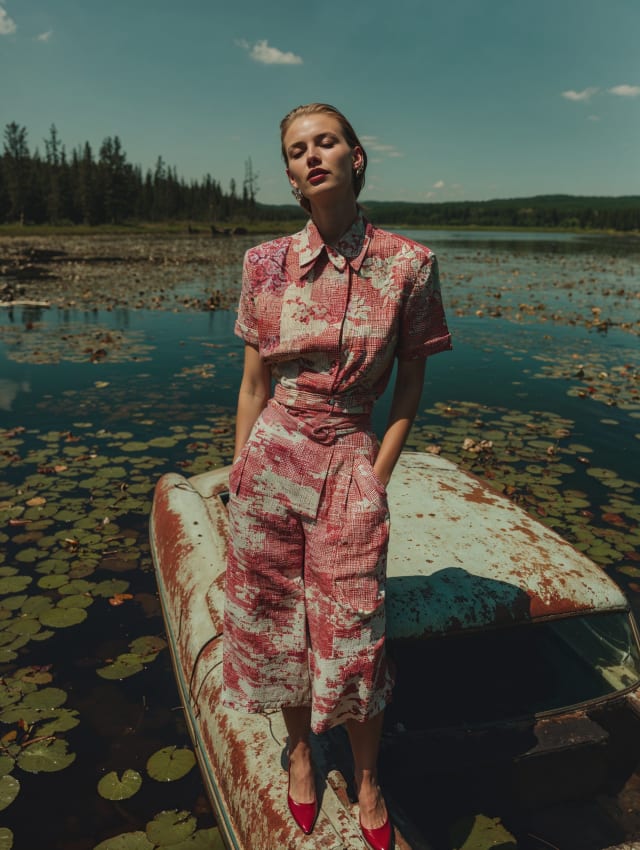 Woman in a pink floral jumpsuit standing on a rusted boat among water lilies on a lake
