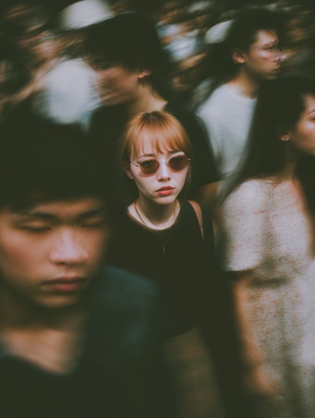 Woman with orange hair and round sunglasses in a crowd of blurred pedestrians