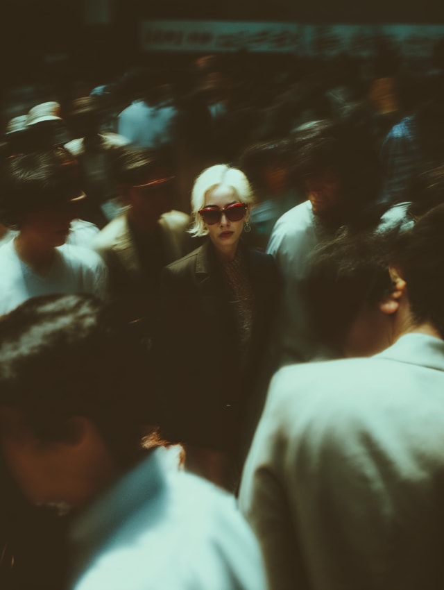 Person with platinum hair and sunglasses in a dense, blurred city crowd, warm film tones