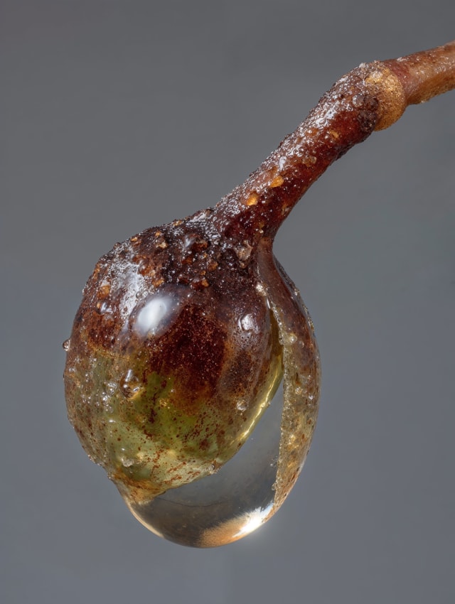 Macro shot of an amber bud on a bent stem with a glassy drop, grey background