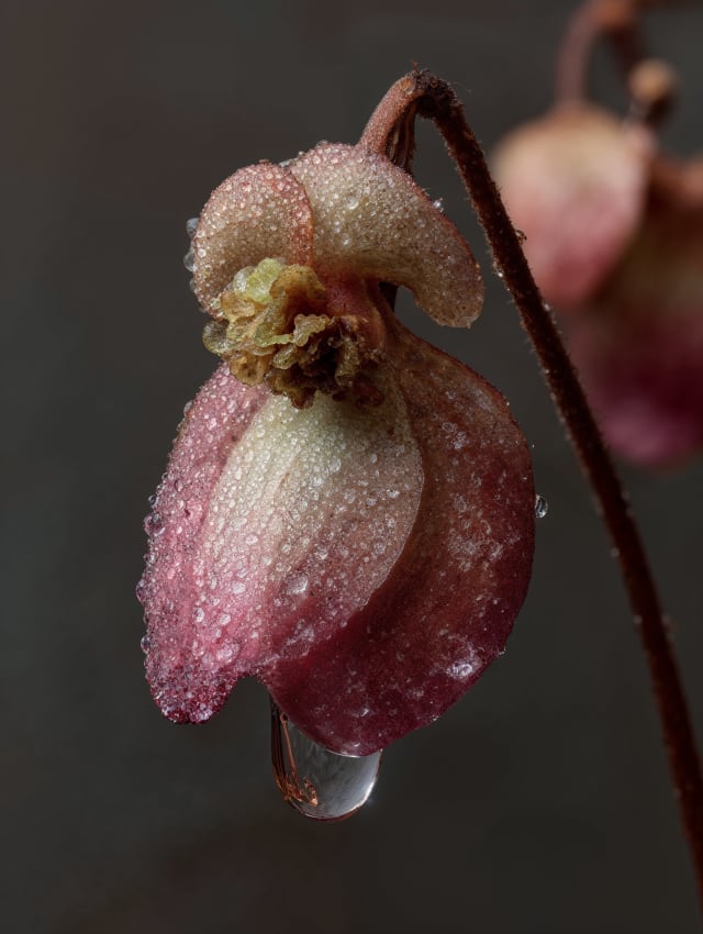 Macro shot of a pink drooping flower covered in dew on a dark background