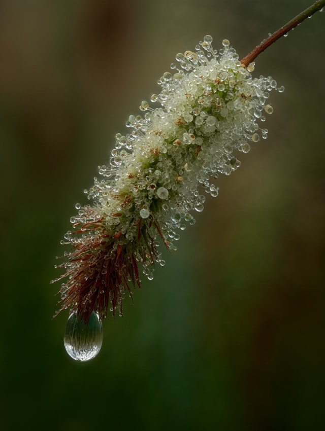 Macro shot of a dew-covered grass spike with a drop at its tip