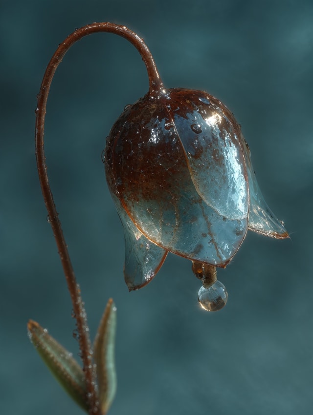 Glassy bell-shaped flower on a curved stem with a water drop, against a deep blue background