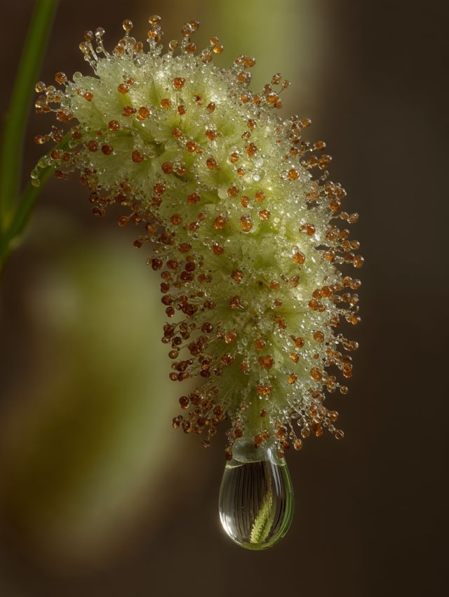 Macro shot of a fuzzy pale flower spike with a droplet at its end, warm dark background