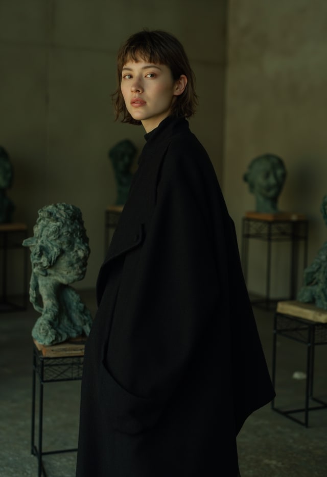 Woman in a long black coat standing among small teal sculptures in a gallery