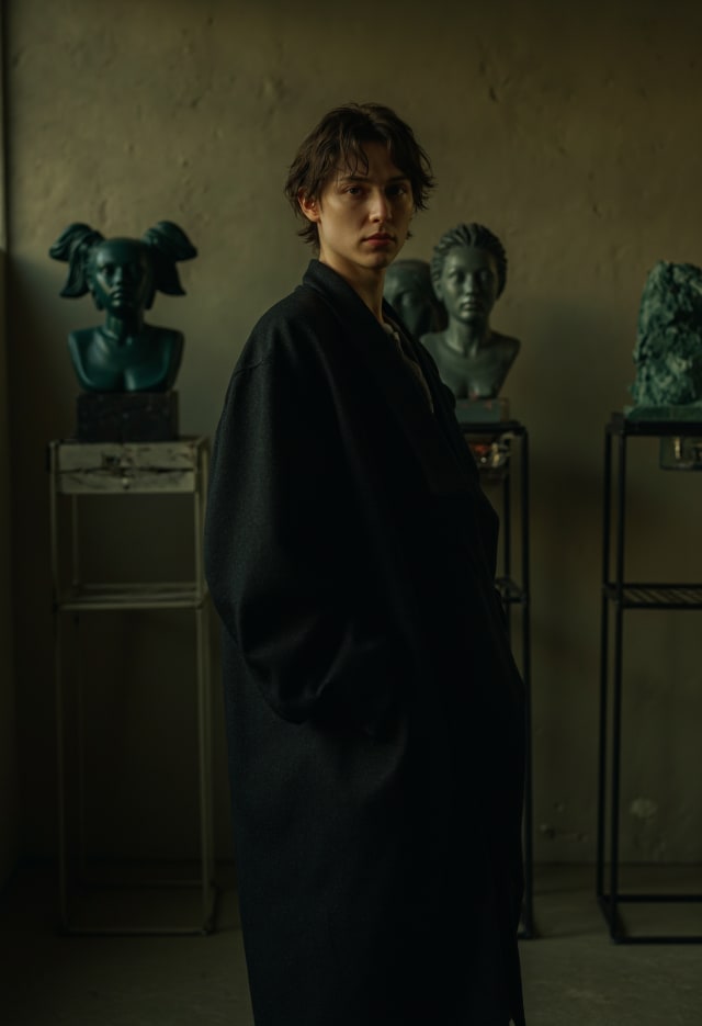 Person in a dark coat in a gallery with teal bust sculptures on stands