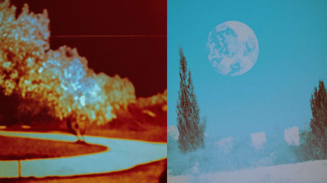 Diptych: a winding road through a red-orange landscape and a pale blue sky with a moon and a cypress tree