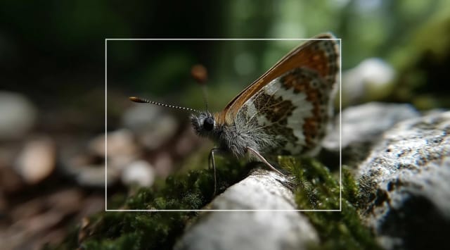 Orange and white butterfly on a mossy stone, marked with a thin white rectangle