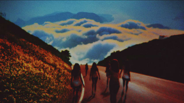 Group of people walking up a road through orange wildflowers toward clouds, a variation of the film-colour scene