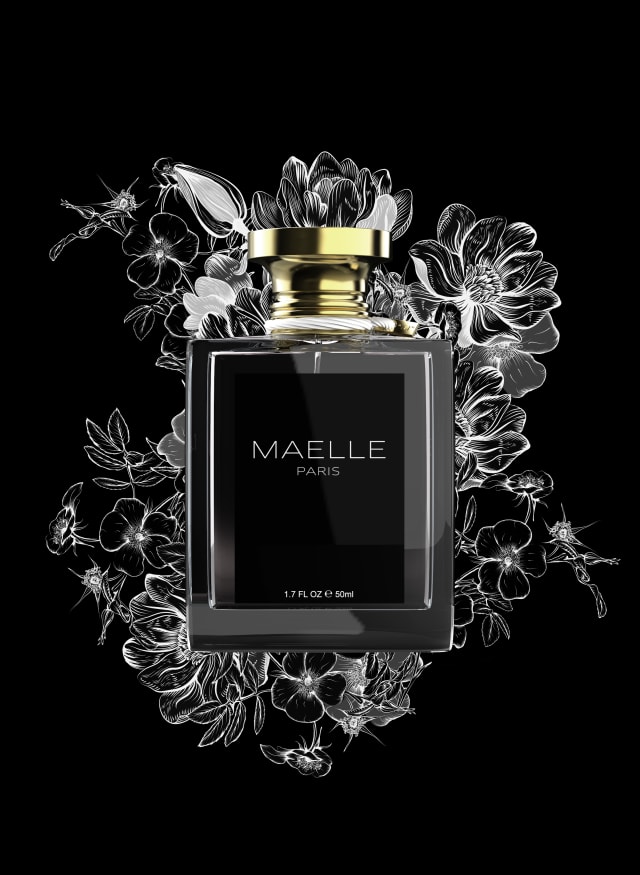 Black Maelle Paris perfume bottle with a gold cap, surrounded by white line-drawn flowers on black