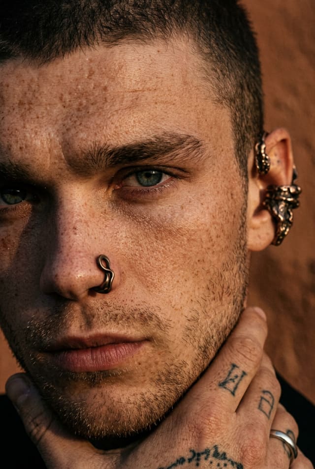Close portrait of a man with a nose ring and ear cuff, a tattooed hand at his neck