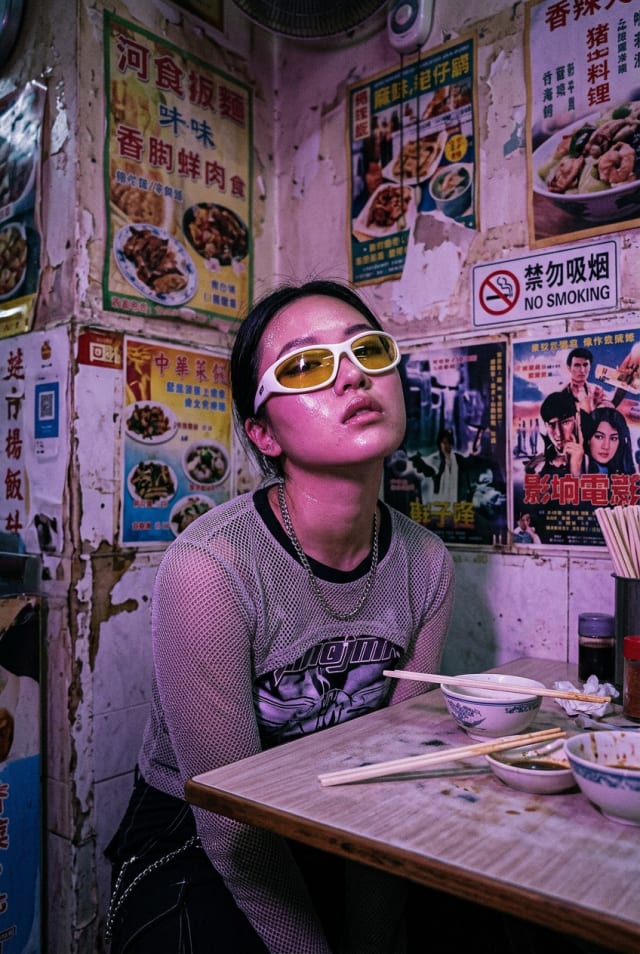 Woman in yellow-tinted sunglasses sitting at a table in a small restaurant covered in posters