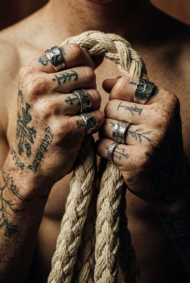 Tattooed hands with silver rings gripping a thick rope