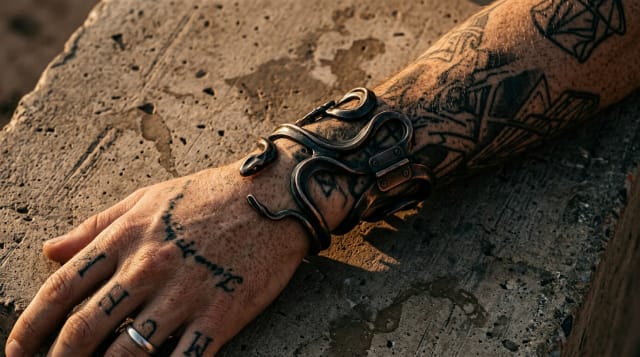 Tattooed forearm and hand with a sculptural silver bracelet resting on weathered concrete