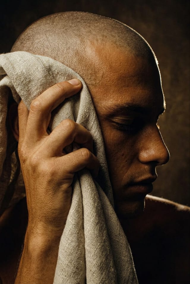 Shaven-headed man with closed eyes pressing a linen cloth to his face in warm brown light